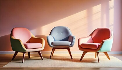 Fototapeta premium Three retro-inspired armchairs in pastel tones are arranged on a rug, illuminated by soft natural sunlight against a pink wall.