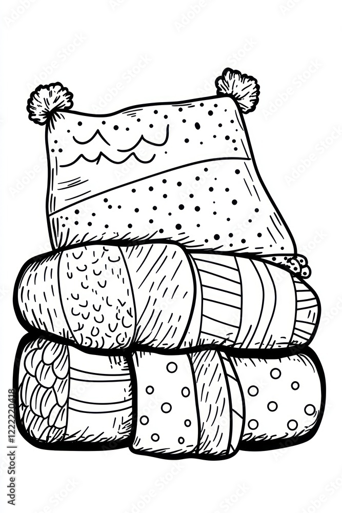Poster a stack of three pillows with different patterns, including a pillow with a pompom on top.