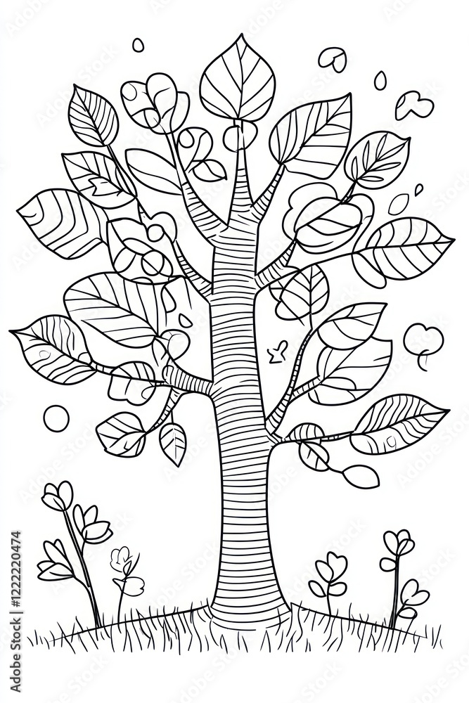 Poster a stylized illustration of a tree with leaves and small plants at its base. the tree trunk has a str