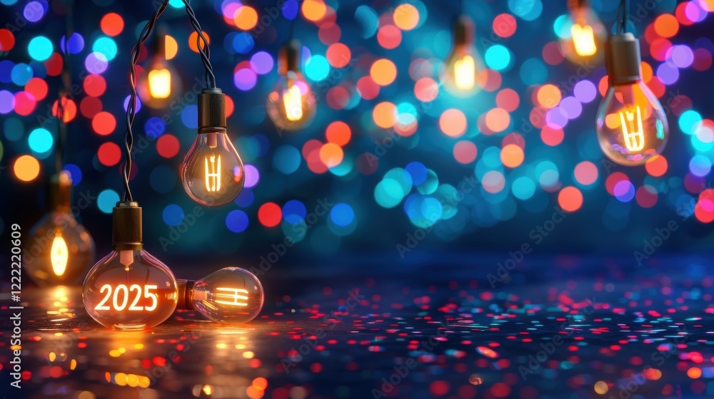 Poster a vibrant display of colorful lights with illuminated bulbs showcasing the year 2025, creating a fes