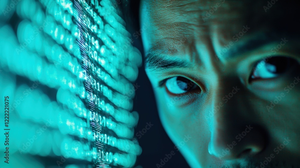 Poster focused individual examining digital data in low light with glowing codes on screen