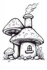 A whimsical illustration of a mushroom house with a chimney, a window, and grass.