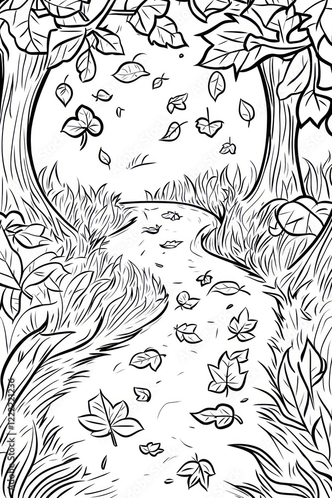 Poster a winding path through a forest, with leaves falling from the trees. the path is lined with tall gra