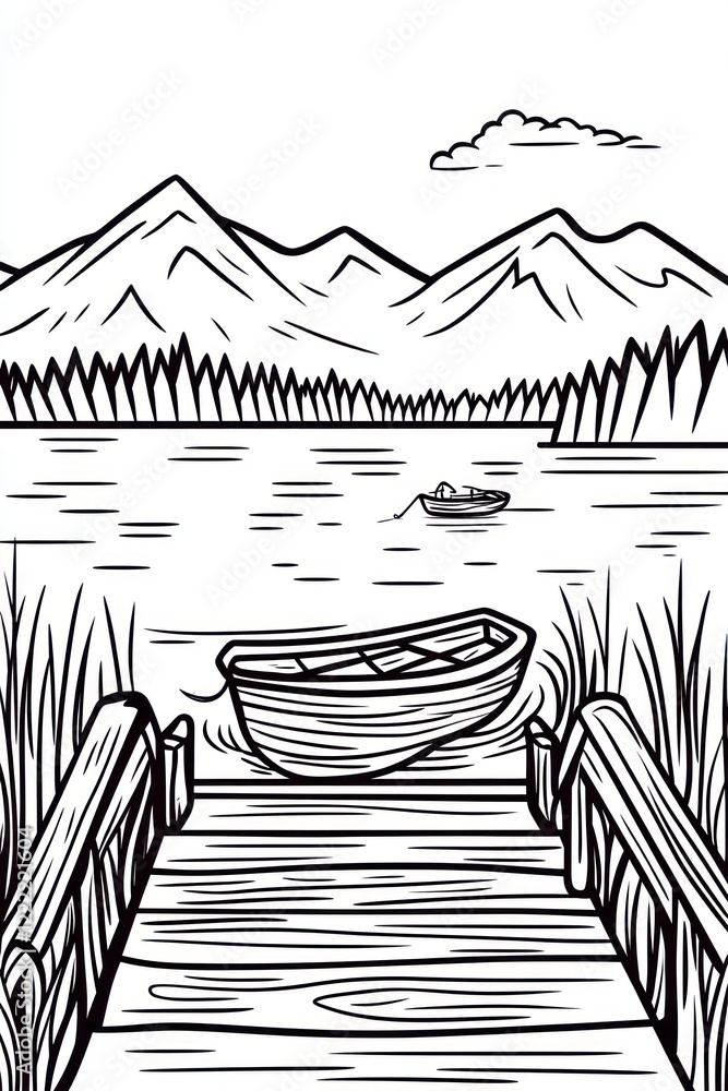 Poster A wooden dock with a small rowboat tied to it extends out over a calm lake with mountains in the background.