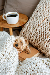 A small, fluffy dog peacefully resting on a book, wrapped in a chunky white knitted blanket. A warm cup of black coffee sits on a wooden table, creating a cozy and relaxing atmosphere.  
