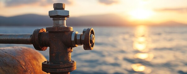 Rusty pipe fitting against a sunset over water.