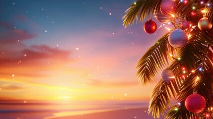 A vibrant sunset over a beach, featuring a palm tree adorned with colorful ornaments and twinkling lights, evoking a festive holiday atmosphere.