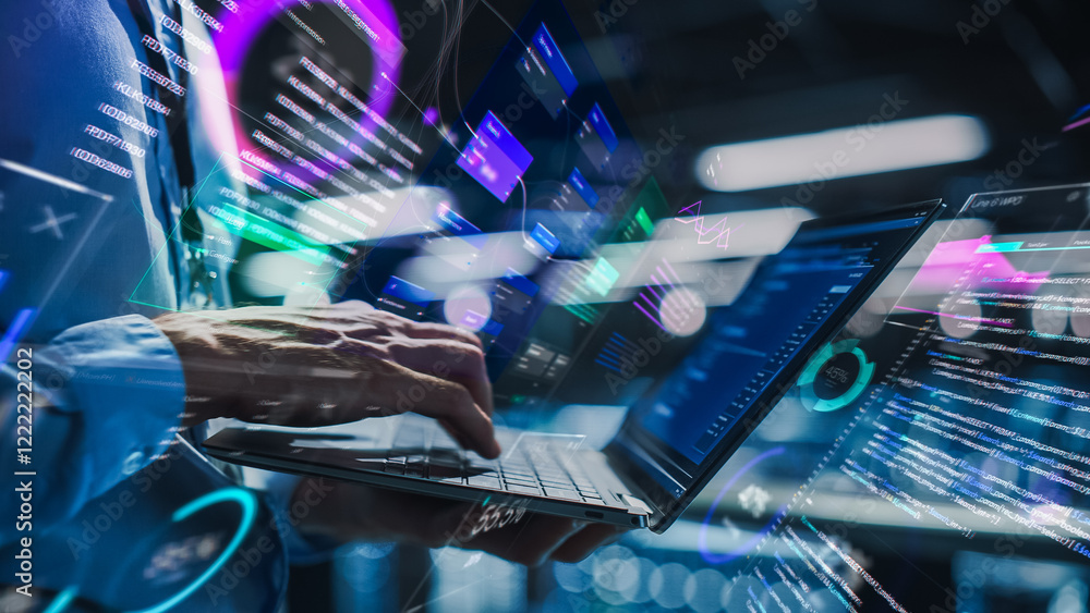 Aufkleber Businessman Interacts With Data Visualization on Laptop. Holographic Charts, Graphs, and Code Surround the Device, Advanced Technology and Data Analysis. Flow of Big Data, Growth and Productivity