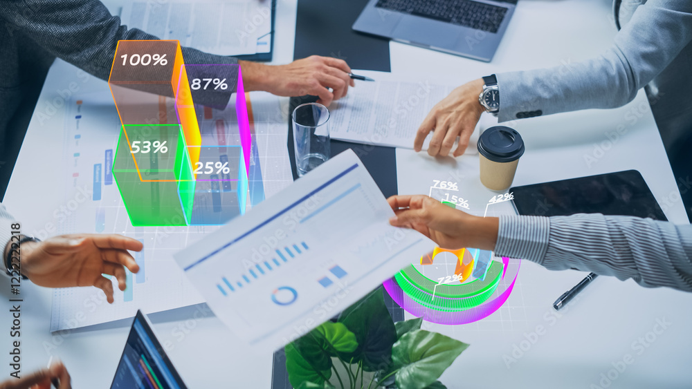 Aufkleber top down smart meeting: ai-enhanced data analytics dashboard, real-time holographic business intelli