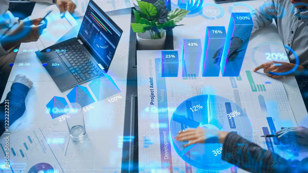 Poster top down view on table: executives and businesspeople work with data projections during meeting. hol