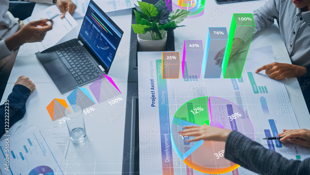 Poster Top-down View of Business Meeting With Interactive Data Projections. Holographic Charts, Graphs, and Percentages Overlay Physical Documents, Showcasing Innovative Analysis and Collaboration 