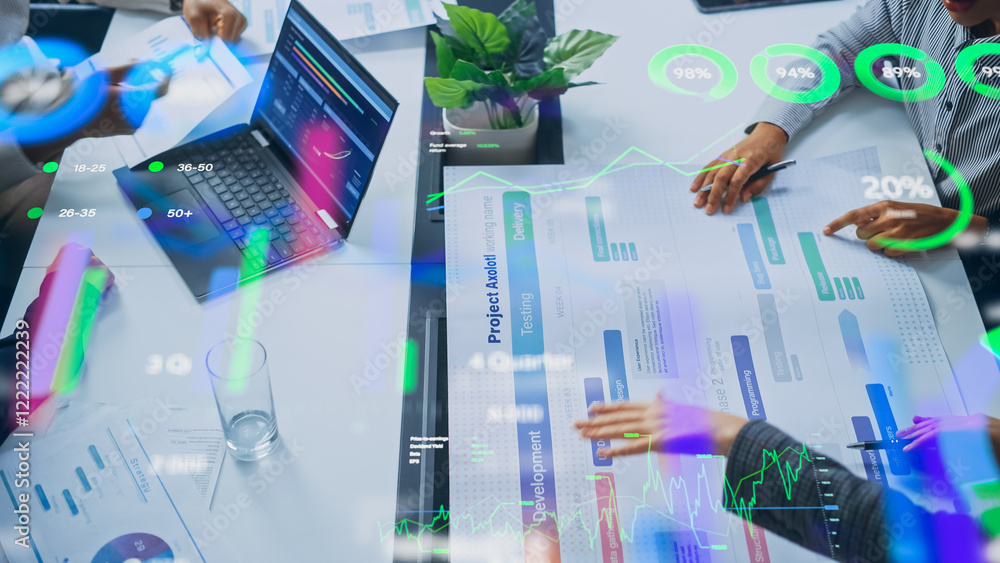 Poster Top View Business Table: Professionals Analyze 3D Data Visualizations During a Meeting. Table Displays Interactive Charts, Graphs, and Percentage Blocks, Project Progress and Financial Metrics
