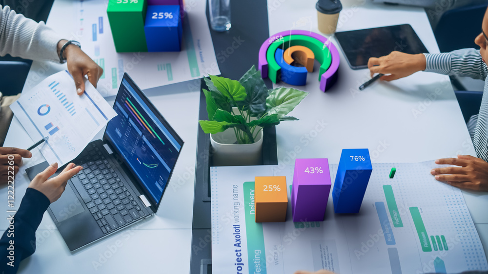 Aufkleber Top View of a Business Meeting With Interactive Holographic Data Visualizations. Professionals Analyze Charts, Graphs, and Percentages Projected. AI Technology in Modern Corporate Revenue Growth