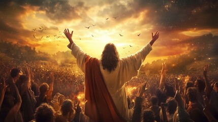 A large crowd stands before the Christ with arms raised towards the sky, illuminated by a radiant sunrise. The gathering evokes a sense of hope and connection among those present.