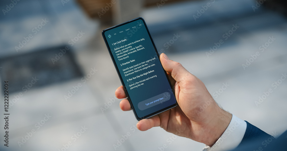 Fototapete pov shot: business person holds smartphone screen shows ai chatbot interface in use. display product