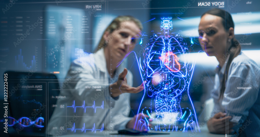Aufkleber physician and patient examine holographic body models. biosensors and ai-driven tissue mapping integ