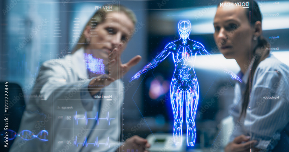 Aufkleber physician and patient examine holographic body models. biosensors and ai-driven tissue mapping integ