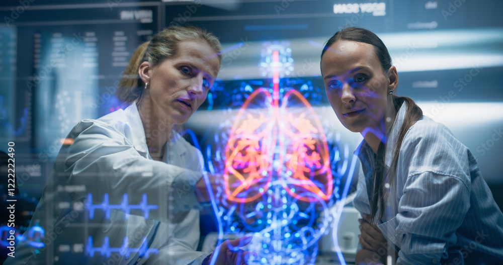 Aufkleber physician and patient examine holographic body models. biosensors and ai-driven tissue mapping integ