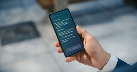 POV Shot: Business Person Holds Smartphone Screen Shows AI Chatbot Interface in Use. Display Productivity Tips and Management Advice, AI Assistant for Personal Efficiency and Organization in eBusiness