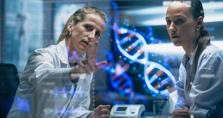 Physician And Patient Examine A Holographic Dna Model. AI-Powered Genomic Analysis Highlights...