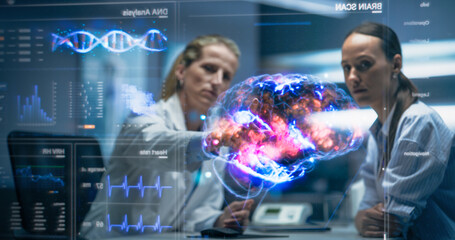Medical Professional Talks with Patient Using Futuristic Holographic Brain Model. Mapped Neural,...