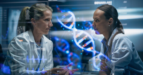 Physician And Patient Examine A Holographic Dna Model. AI-Powered Genomic Analysis Highlights...