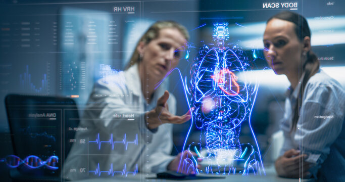 Physician And Patient Examine Holographic Body Models. Biosensors And AI-Driven Tissue Mapping Integrate Real-Time Metabolic Markers, Nanoscale Diagnostics, Targeted Biomolecular Intervention Planning