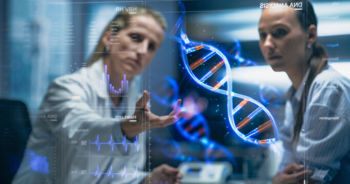 Physician And Patient Examine A Holographic Dna Model. AI-Powered Genomic Analysis Highlights Mutation Hotspots And Therapeutic Targets In Real-Time, Precision Medicine And Targeted Gene Therapies.