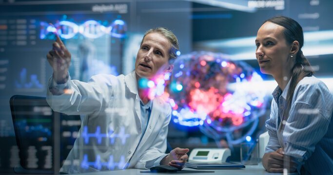 Medical Professional Talks with Patient Using Futuristic Holographic Brain Model. Mapped Neural, Genomic Data, Holographic Interfaces, Neuroplasticity and DNA Markers, Precision Neuromodulation