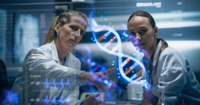 Physician And Patient Examine A Holographic Dna Model. AI-Powered Genomic Analysis Highlights Mutation Hotspots And Therapeutic Targets In Real-Time, Precision Medicine And Targeted Gene Therapies. - Powered by Adobe