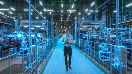 Engineer With Laptop Activates Autonomous EV Factory Digitization. Visualization Shows Robotic...