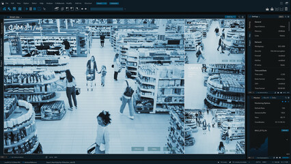 Mock-up CCTV Shot in Supermarket: People Shopping in a Grocery Store. Multiple Camera Shows...