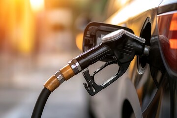 Methane and Business concept, Fuel pump nozzle at a car's gas tank during sunset.
