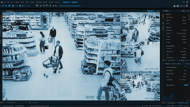 Multi-angle CCTV Image Monitors Grocery Store. Surveillance System: Secure Shoppers Buying Products with Convenience. Advanced Security Technology Tracks Customer Throughout the Retail Environment.