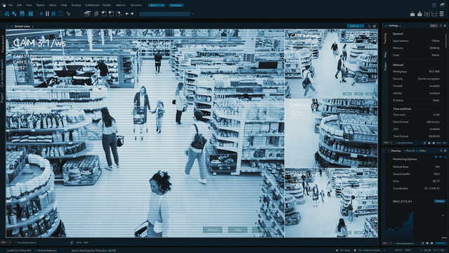 Mock-up CCTV Shot in Supermarket: People Shopping in a Grocery Store. Multiple Camera Shows Customers Browsing Shelves, Pushing Carts, and Moving Through the Store's Layout.