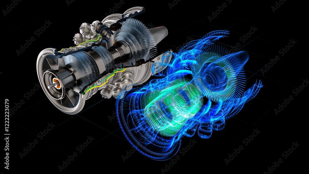 Leinwandbilder Innovative 3d Turbine Engine Design Blends Physical and Digital Twin. Metallic Structures Merge With Digitalization Elements, Green Energy Solutions and Robust Engineering Methodologies.