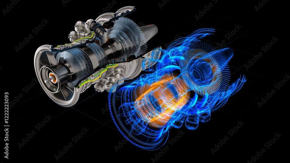 Aufkleber Innovative 3D Turbine Engine Concept Integrates Physical and Digital Elements. Advanced Green Energy Technology and Engineering Concepts for Clean Future
