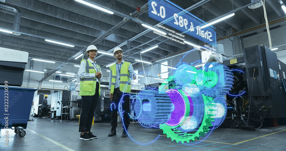 Aufkleber Engineers Use Augmented Reality to Visualize 3D Engine Turbine Concept in Factory Setting. Holographic Display Shows VFX Mechanical Components, Design and Analysis Processes for Industrial Innovation.