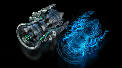 Advanced 3D Turbine Engine Concept With Digital Twin Visualization. Components Integrate With...