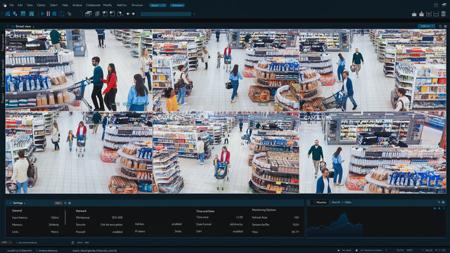 Multi-angle CCTV Image Monitors Grocery Store. Surveillance System: Secure Shoppers Buying Products with Convenience. Advanced Security Technology Tracks Customer Throughout the Retail Environment.