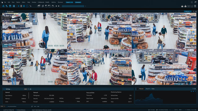 Multi-angle CCTV Footage Monitors Grocery Store. Surveillance System: Secure Shoppers Buying Products with Convenience. Advanced Security Technology Tracks Customer Throughout the Retail Environment.
