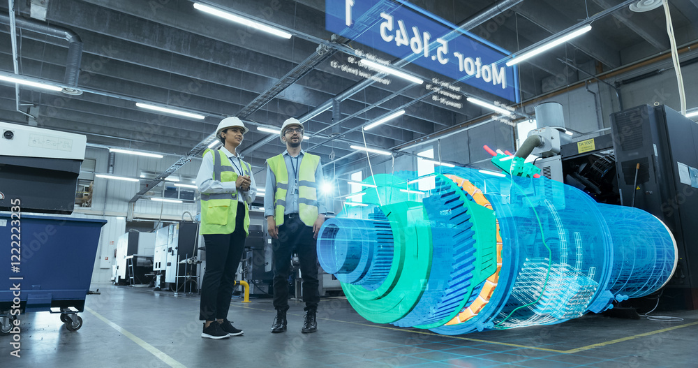 Poster Engineers Analyze Data in a Smart Factory Using Augmented Reality Software. Advanced Manufacturing Facility Shows Industry 4.0 Technologies, Optimizing Production Processes Through Digital Integration