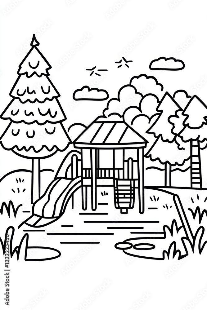 Poster Black and white line drawing of a playground with a slide, a swing set, and trees.