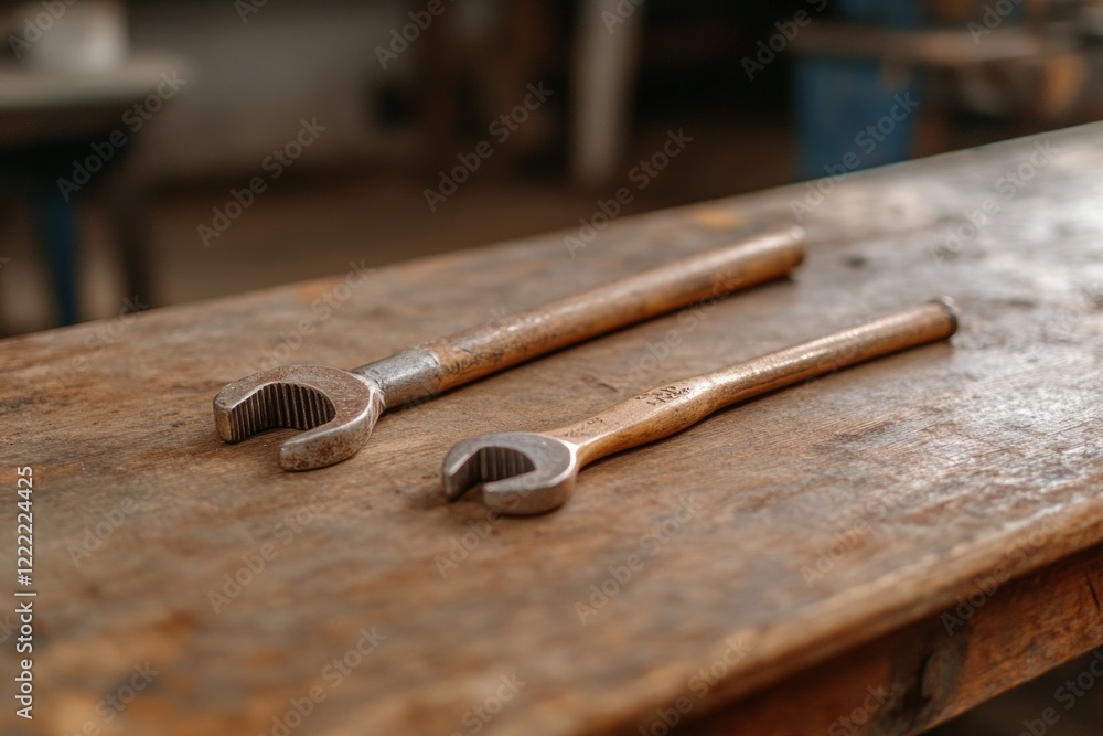 Poster hand tools resting on a wooden workbench in a workshop setting.