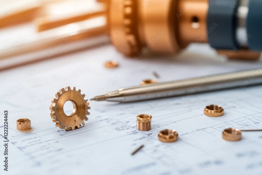 Poster mechanical tools arranged with gears and a pen on a blueprint background.