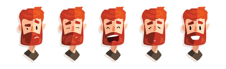 Redhead Bearded Man Head and Avatar with Emotion Vector Set