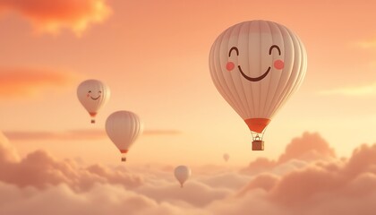 Fototapeta premium Happy Smiling Hot Air Balloons Floating Above Clouds Sunset Sky