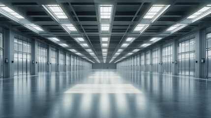 Fototapeta premium Empty factory hall with shiny floors and neatly aligned industrial machines.