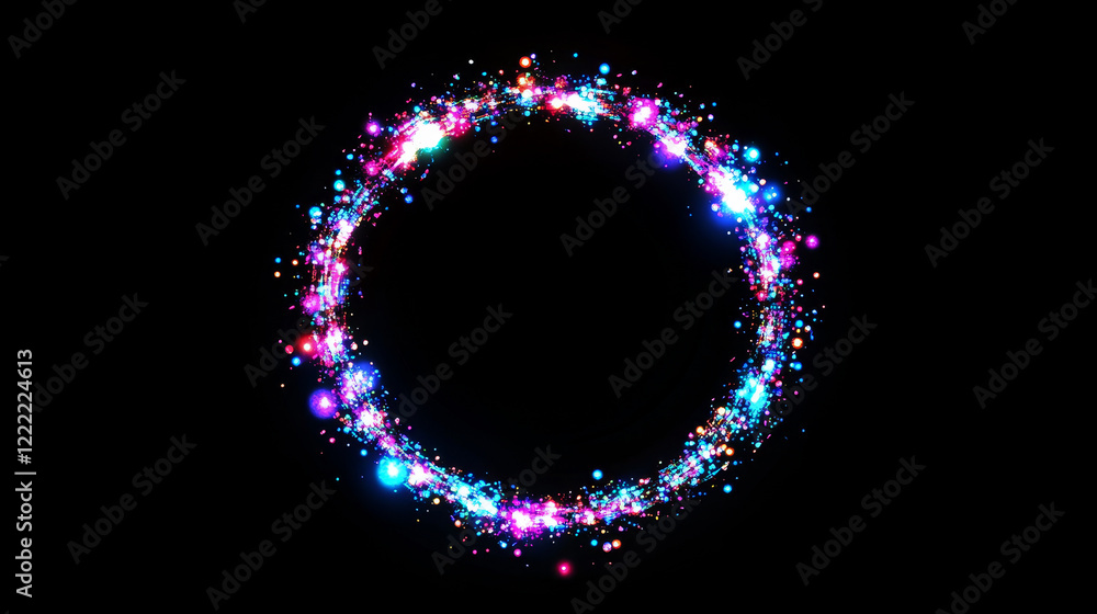 Poster neon glowing circle frame with glitch effect on black background. realistic vector illustration set 