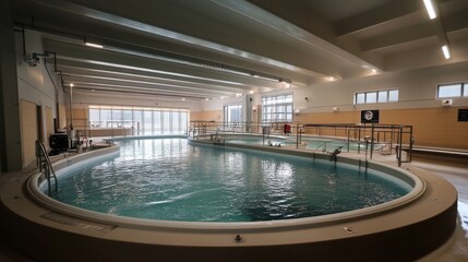 Obraz premium Industrial water treatment plant with large circular tanks and clear blue water.